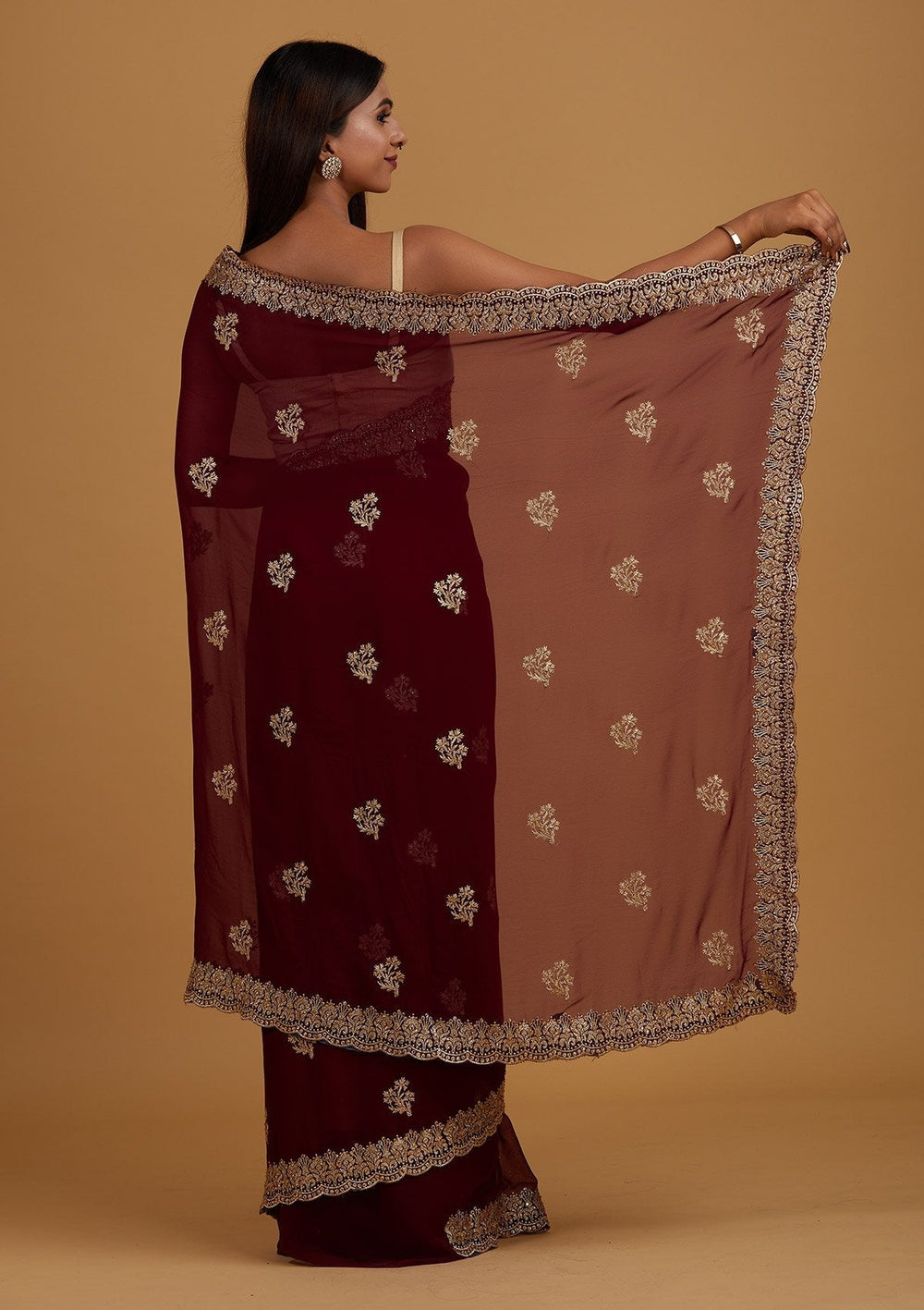 Wine Zariwork Georgette Designer Saree - Koskii