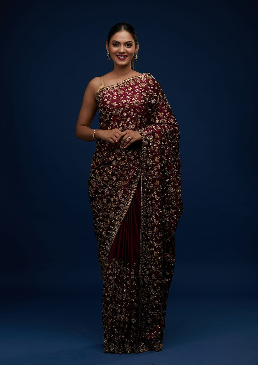 Wine Zariwork Georgette Designer Saree - Koskii
