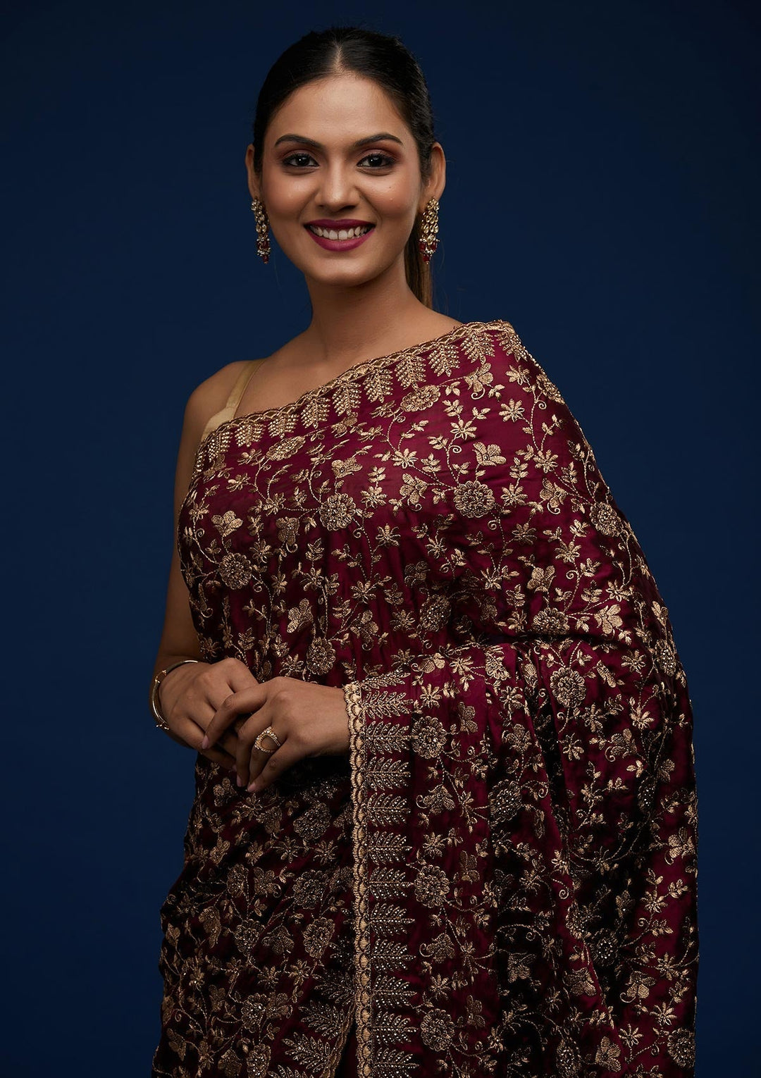 Wine Zariwork Georgette Designer Saree - Koskii