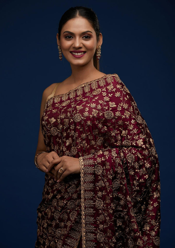 Wine Zariwork Georgette Designer Saree - Koskii