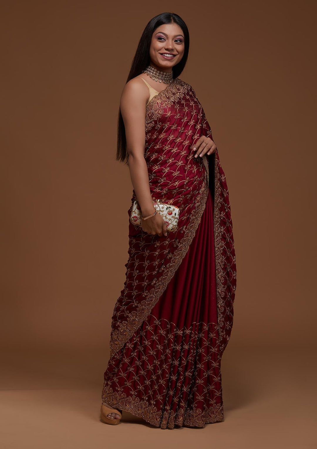 Wine Zariwork Georgette Saree-Koskii