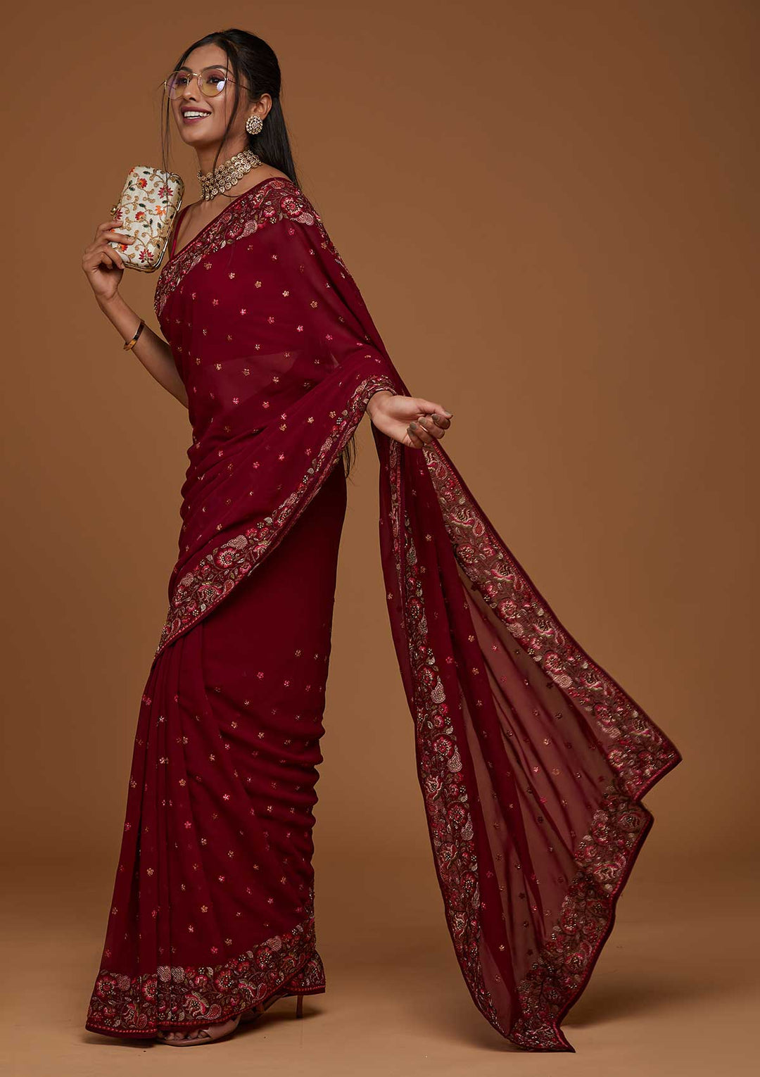 Wine Zariwork Georgette Saree-Koskii