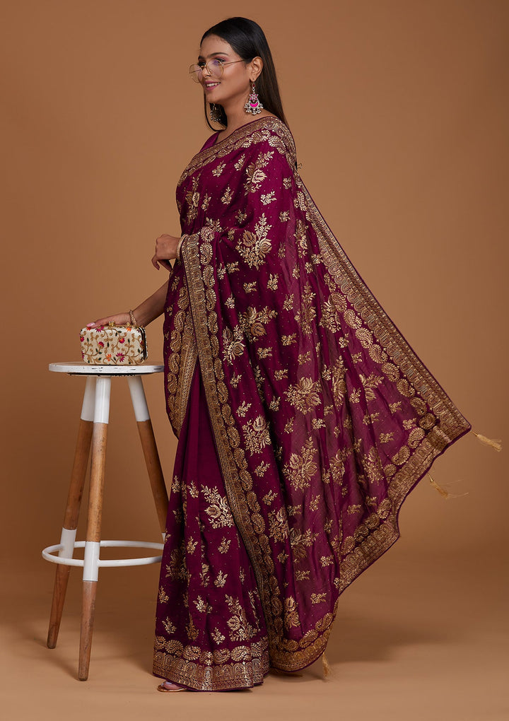 Wine Zariwork Georgette Saree-Koskii