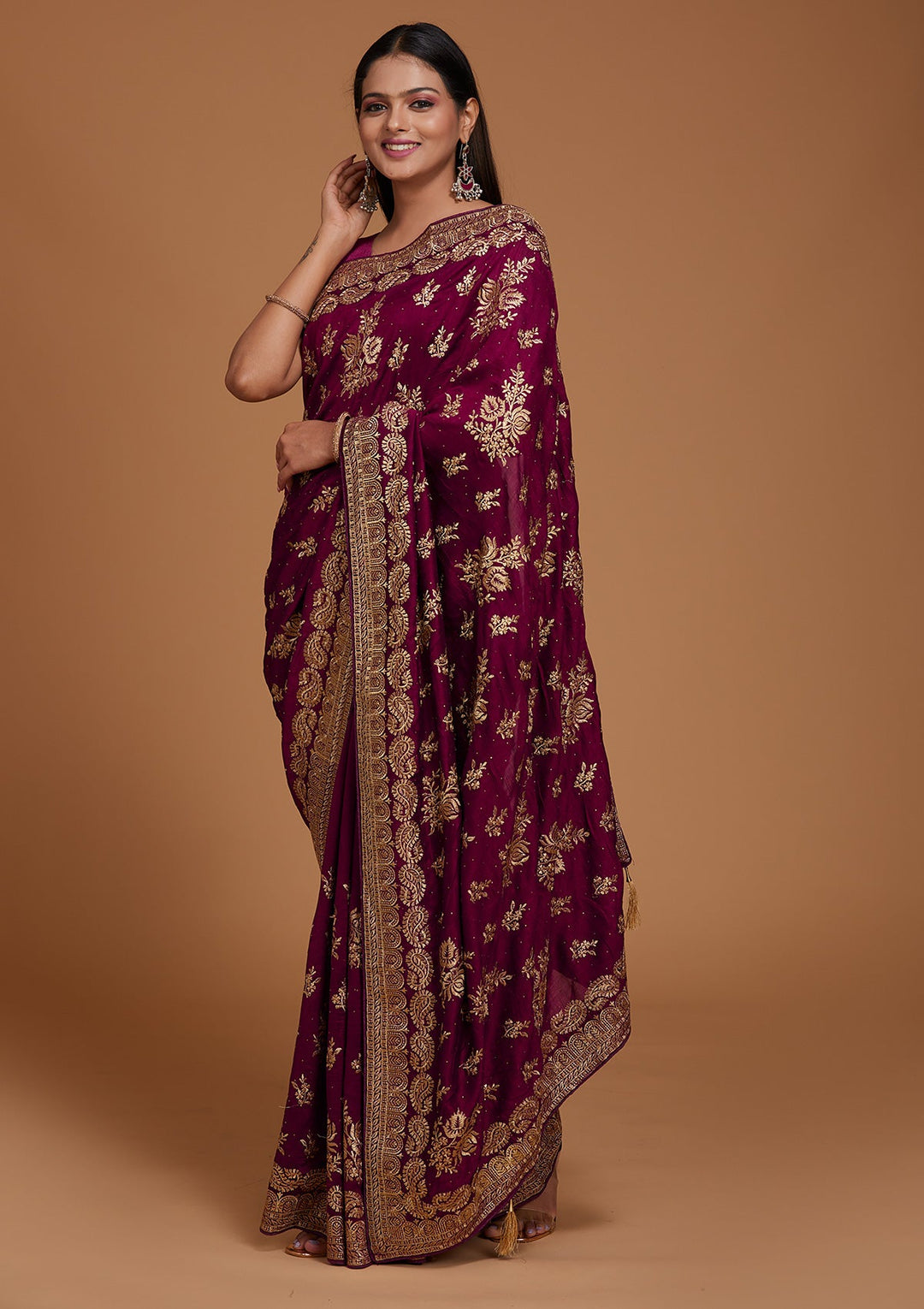 Wine Zariwork Georgette Saree-Koskii