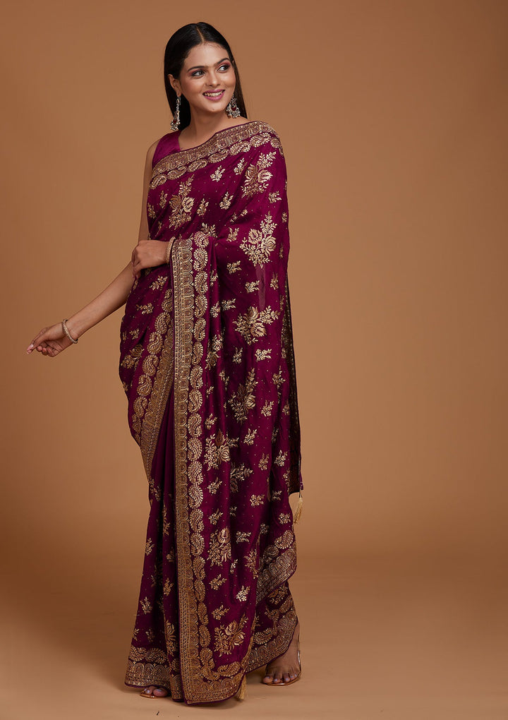 Wine Zariwork Georgette Saree-Koskii