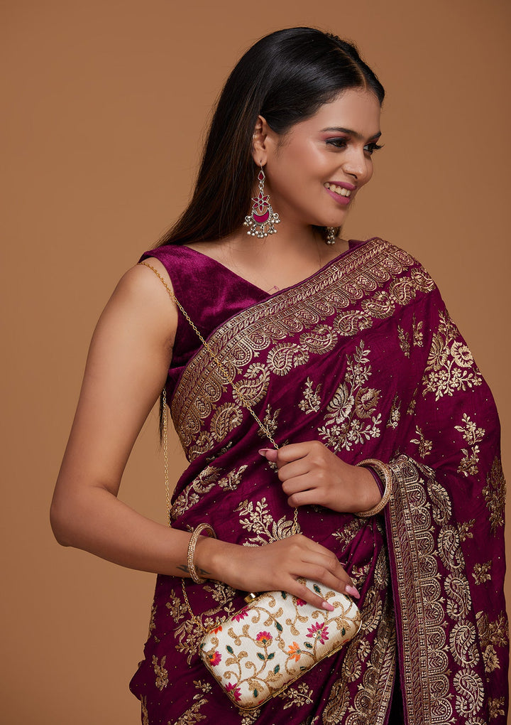 Buy Wine Zari Work Raw Silk Saree - Koskii