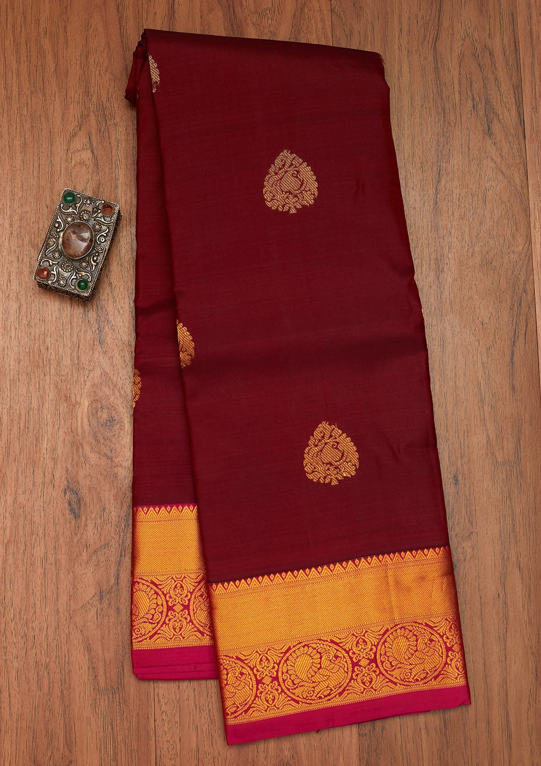Wine Zariwork Pure Silk Saree- Koskii