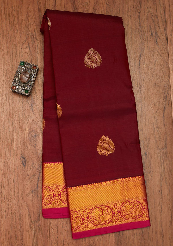 Wine Zariwork Pure Silk Saree- Koskii