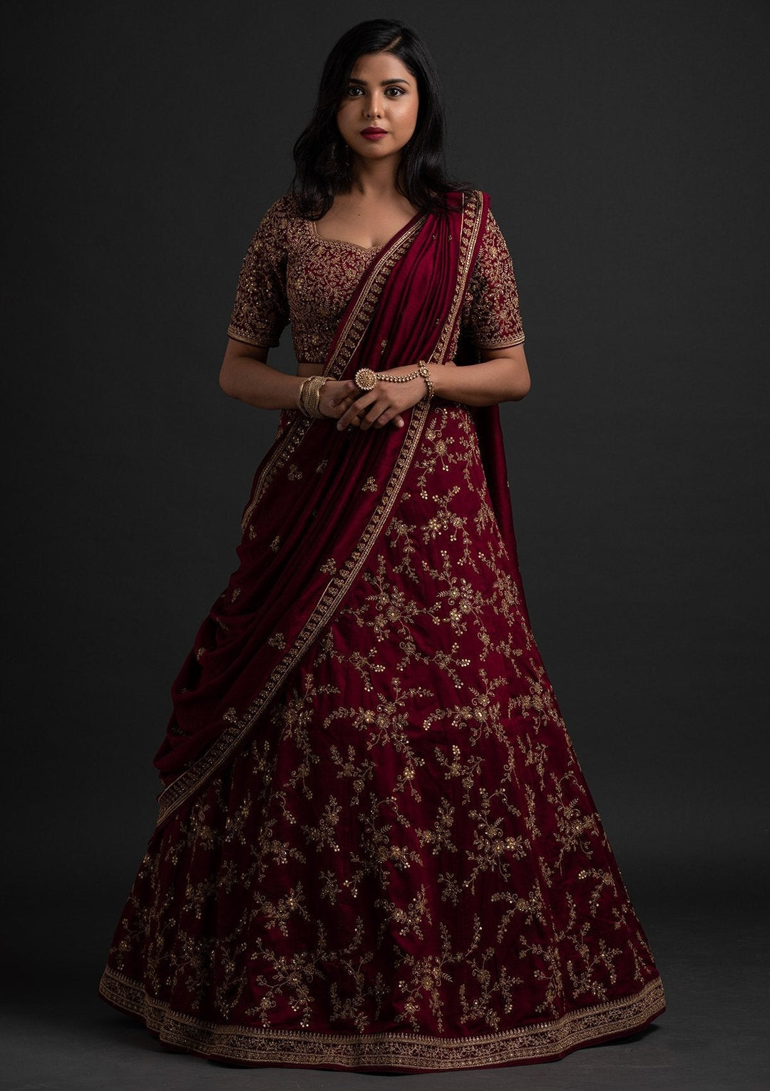 Wine Zariwork Raw Silk Designer Lehenga - koskii