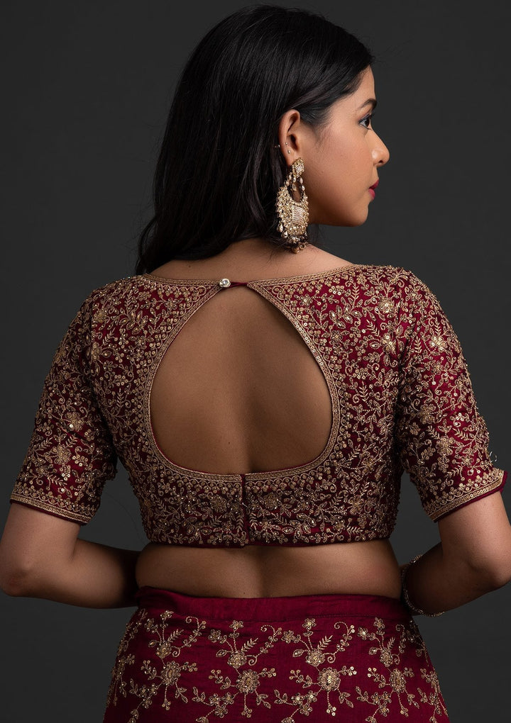 Wine Zariwork Raw Silk Designer Lehenga - koskii