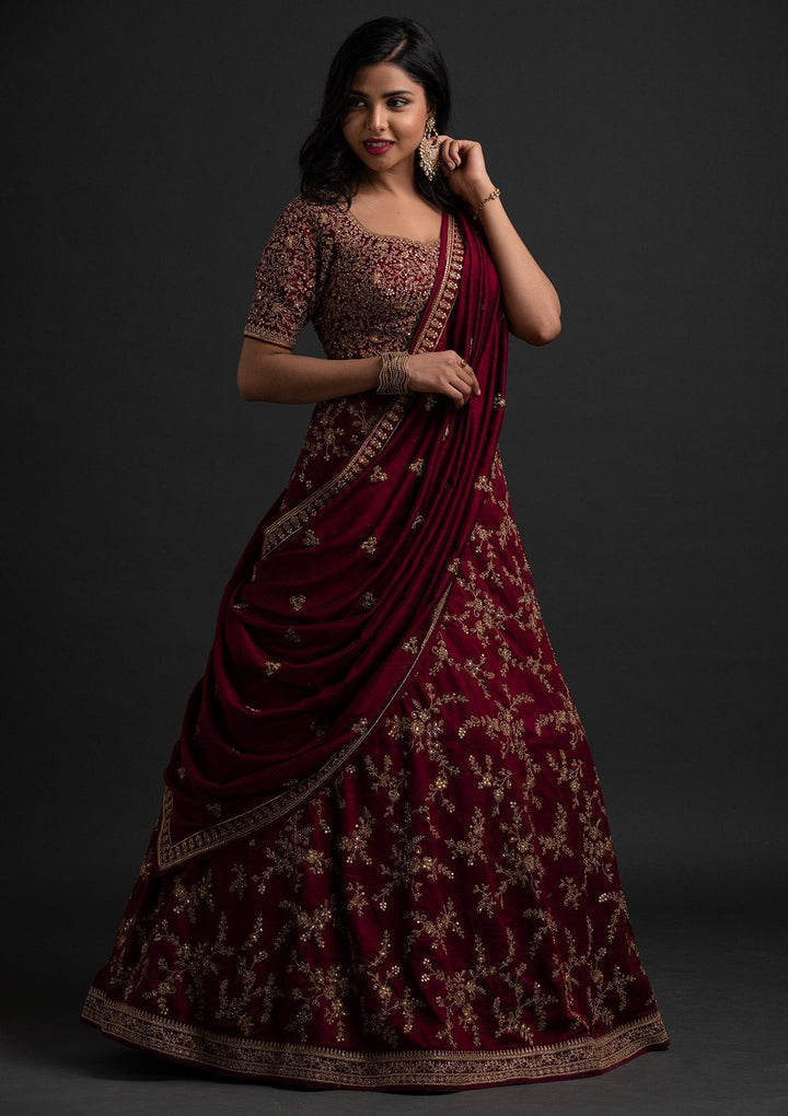 Wine Zariwork Raw Silk Designer Lehenga - koskii