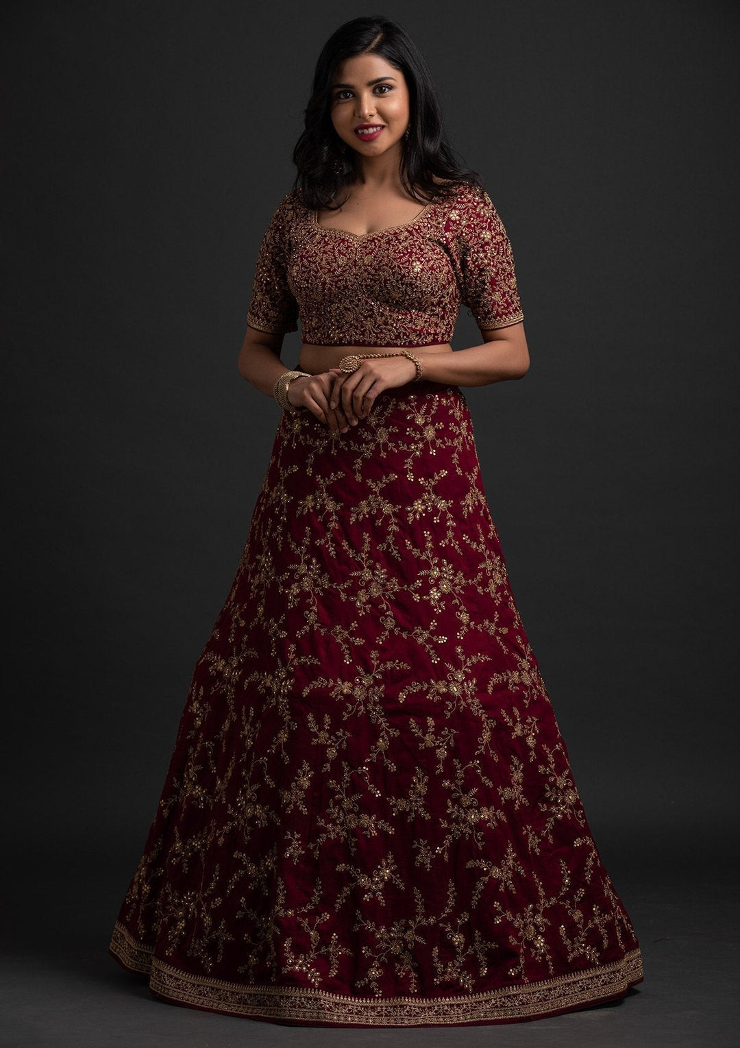 Wine Zariwork Raw Silk Designer Lehenga - koskii