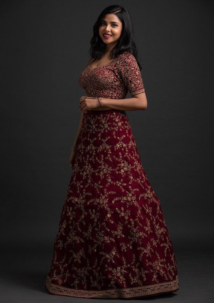 Wine Zariwork Raw Silk Designer Lehenga - koskii