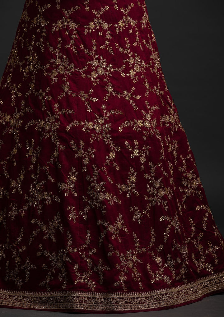 Wine Zariwork Raw Silk Designer Lehenga - koskii
