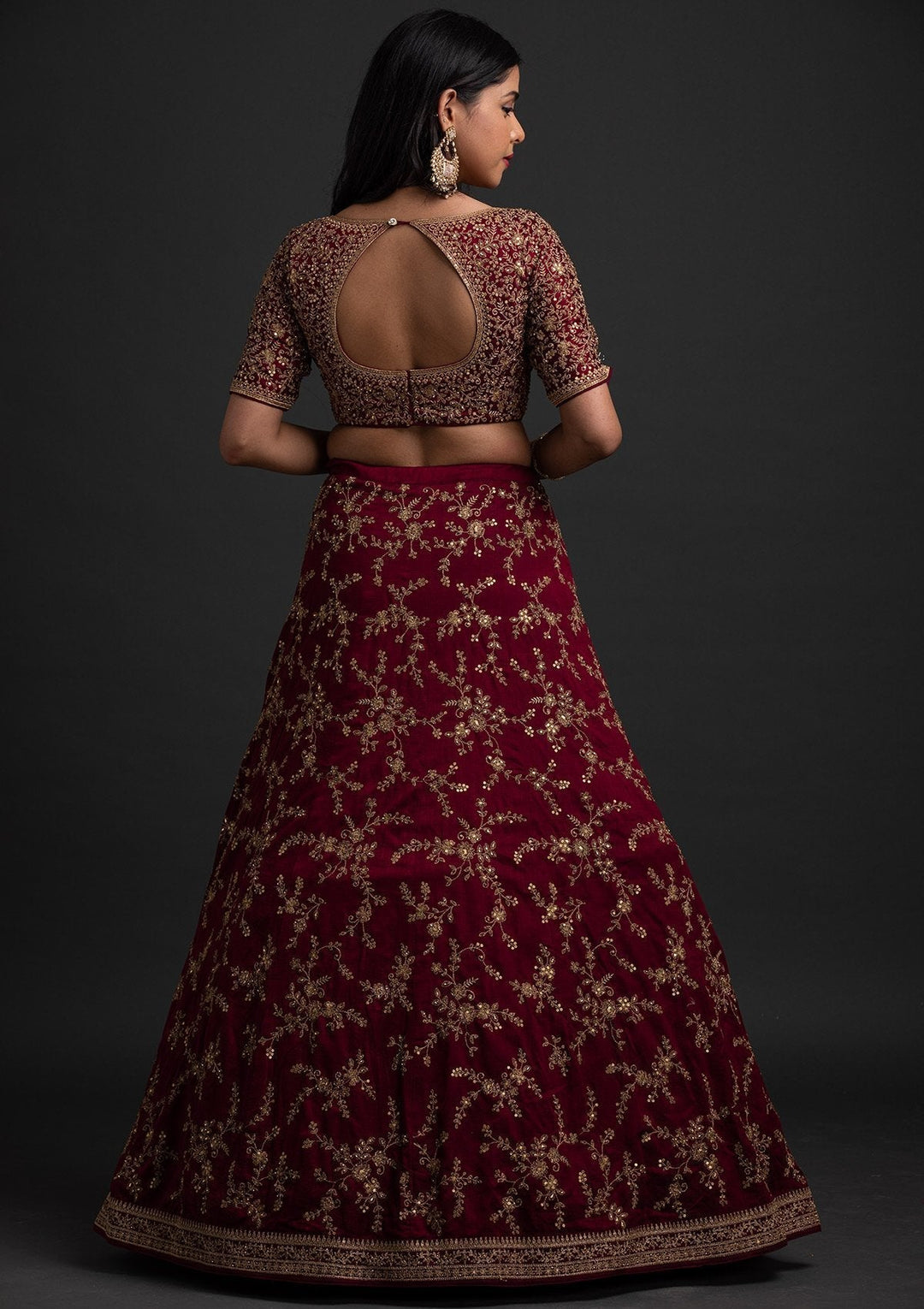 Wine Zariwork Raw Silk Designer Lehenga - koskii