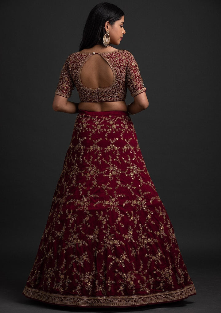 Wine Zariwork Raw Silk Designer Lehenga - koskii