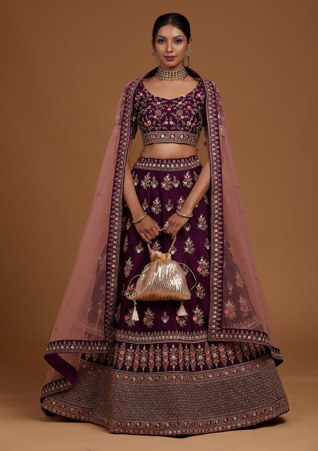 Wine Zariwork Raw Silk Designer Lehenga-Koskii