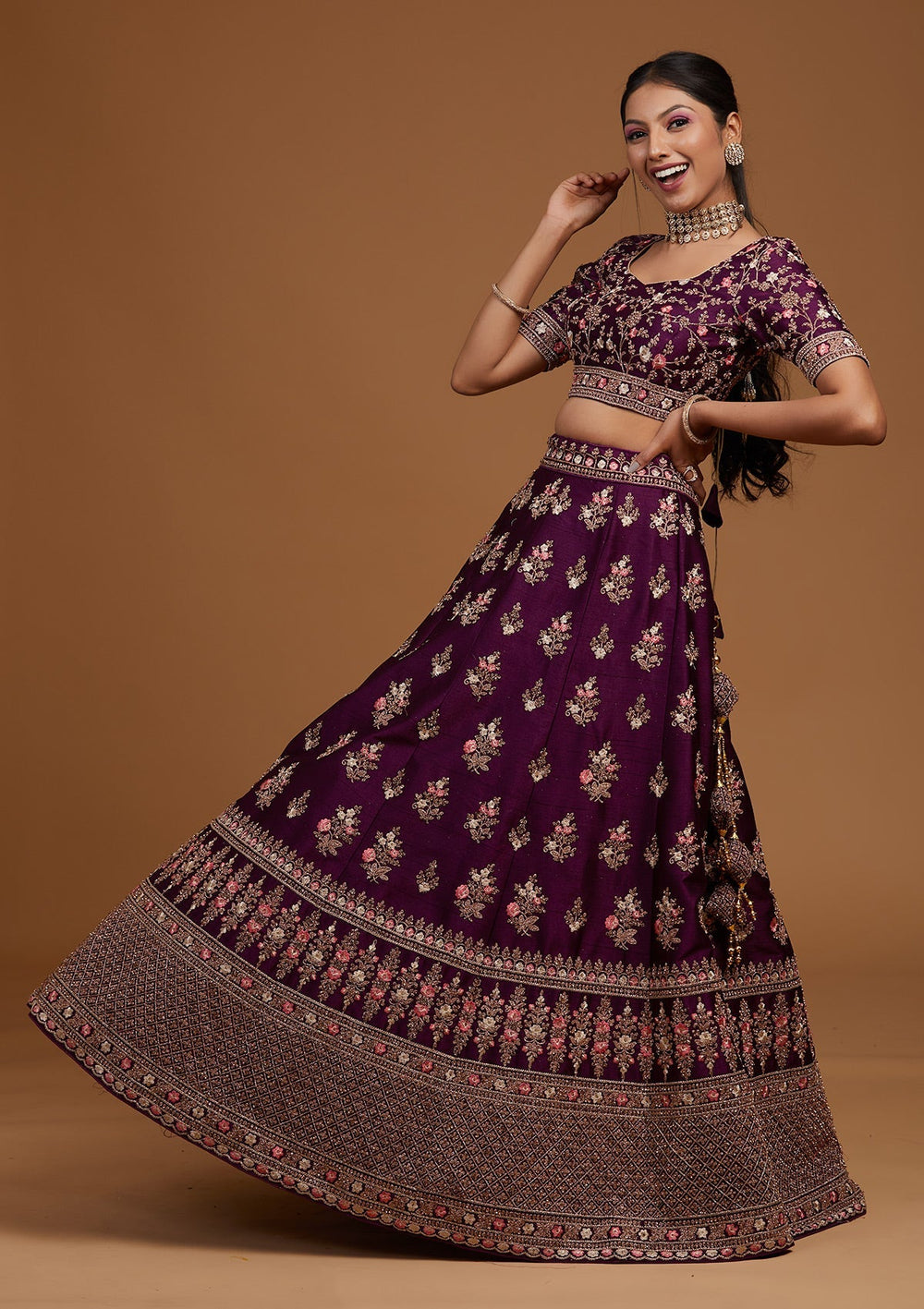 Wine Zariwork Raw Silk Designer Lehenga-Koskii