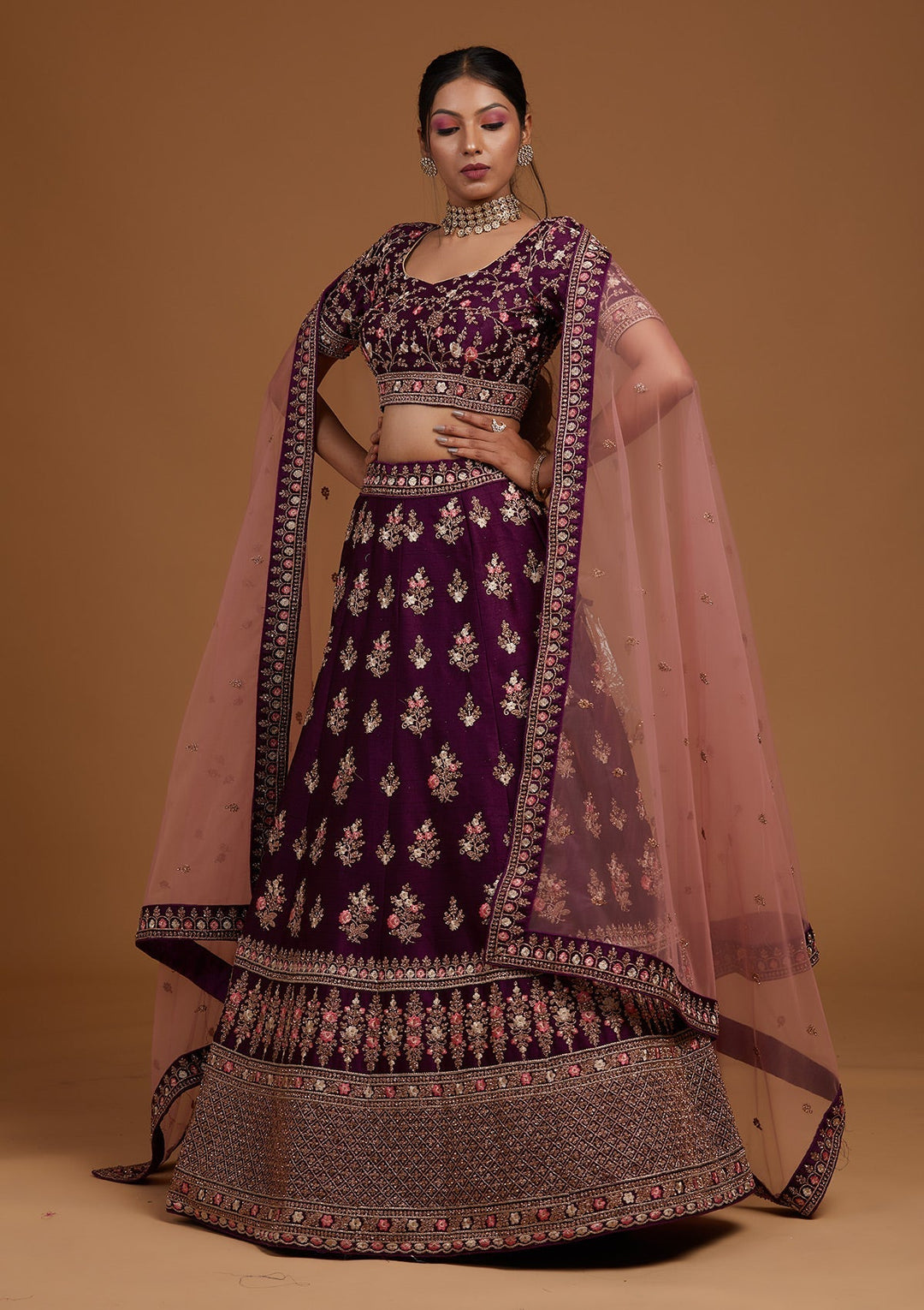 Wine Zariwork Raw Silk Designer Lehenga-Koskii