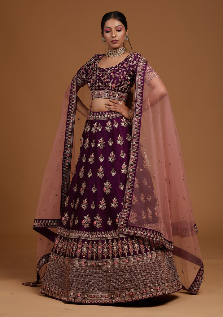Wine Zariwork Raw Silk Designer Lehenga-Koskii