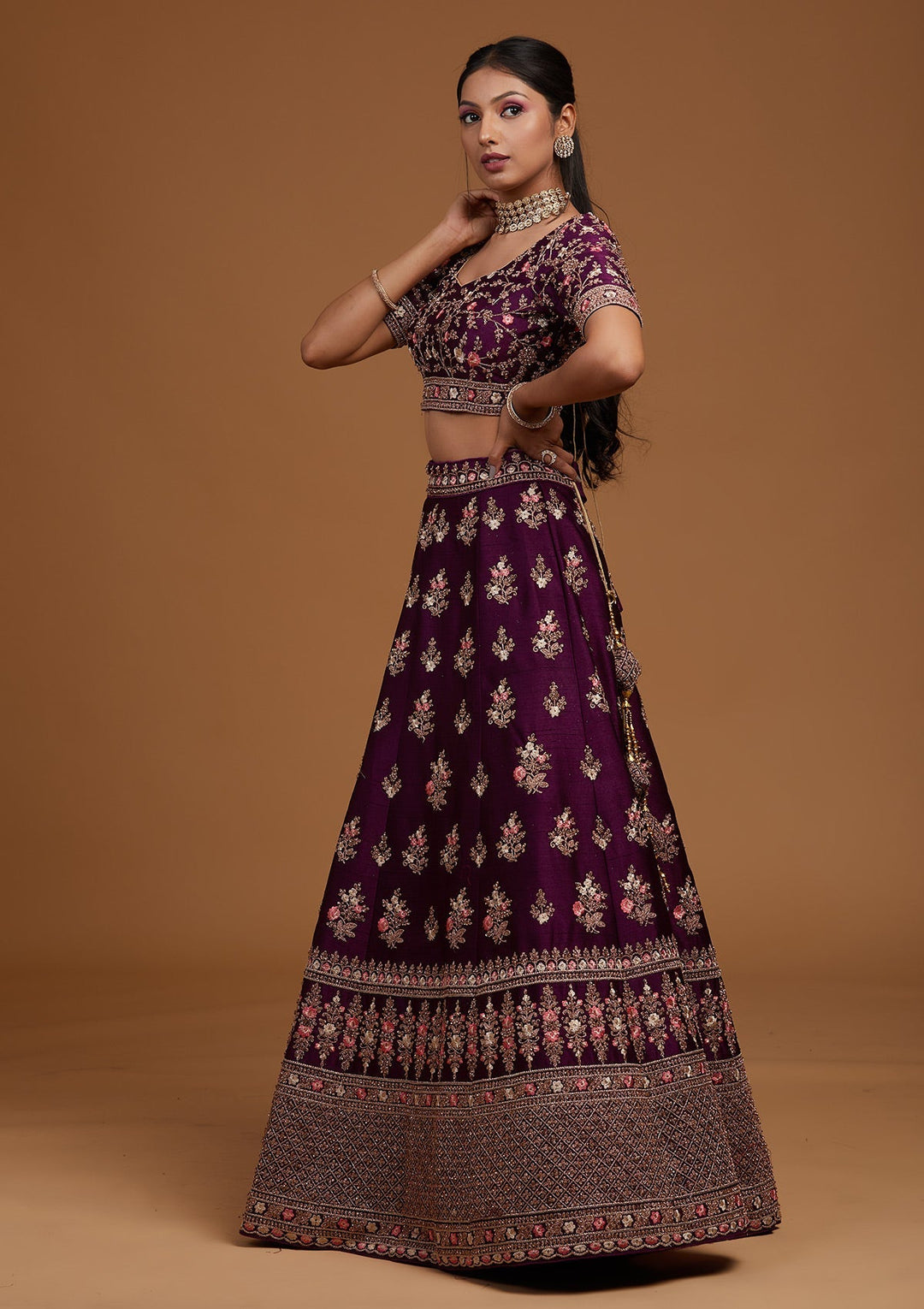 Wine Zariwork Raw Silk Designer Lehenga-Koskii