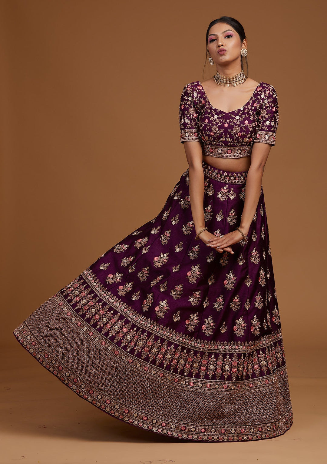 Wine Zariwork Raw Silk Designer Lehenga-Koskii
