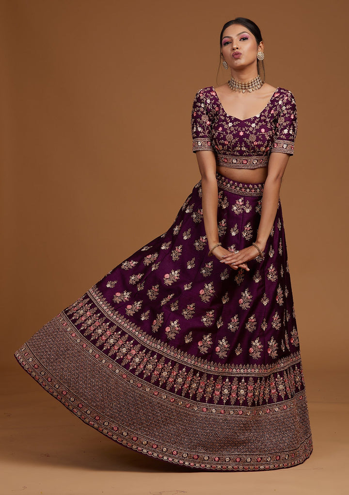 Wine Zariwork Raw Silk Designer Lehenga-Koskii