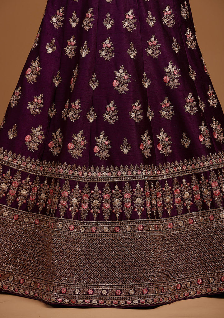 Wine Zariwork Raw Silk Designer Lehenga-Koskii