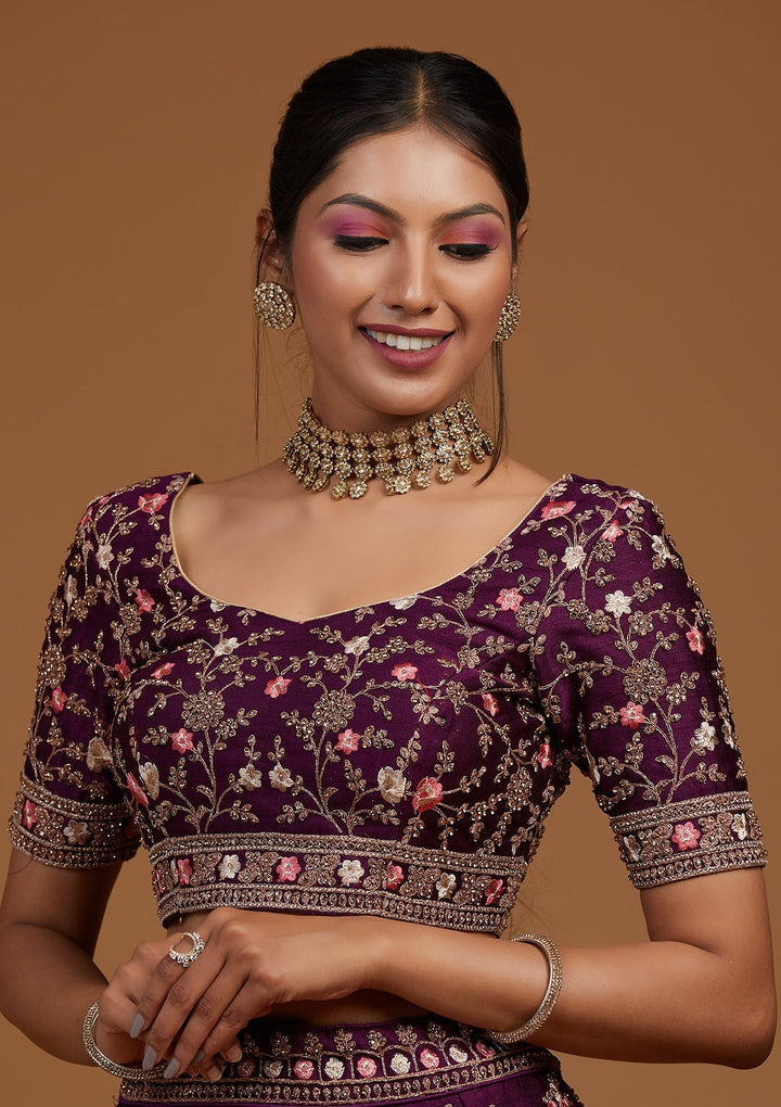 Wine Zariwork Raw Silk Designer Lehenga-Koskii