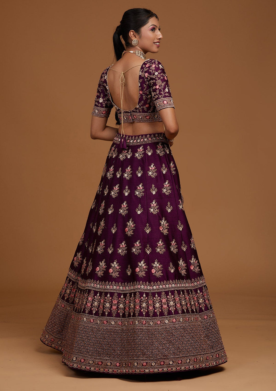 Wine Zariwork Raw Silk Designer Lehenga-Koskii