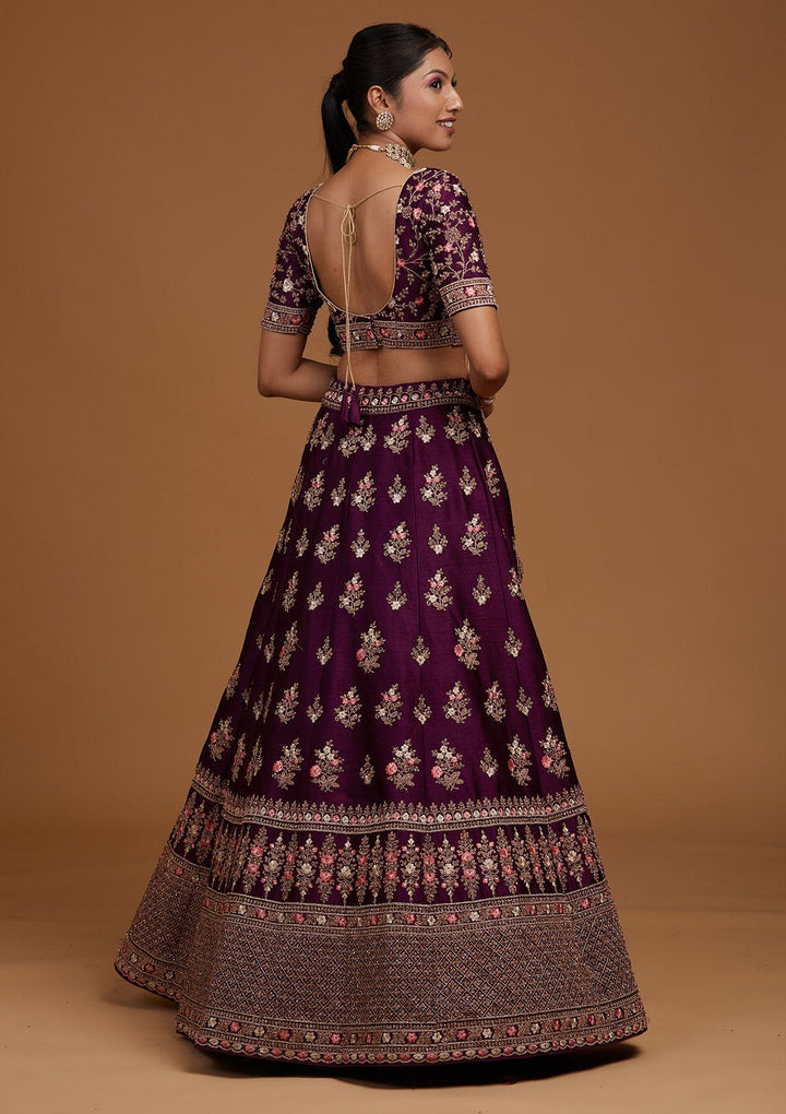 Wine Zariwork Raw Silk Designer Lehenga-Koskii