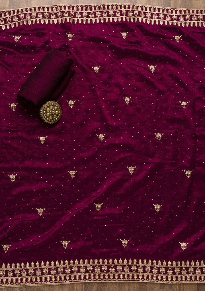 Wine Zariwork Raw Silk Unstitched Salwar Suit-Koskii