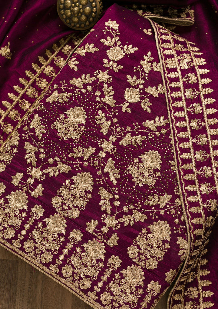 Wine Zariwork Raw Silk Unstitched Salwar Suit-Koskii
