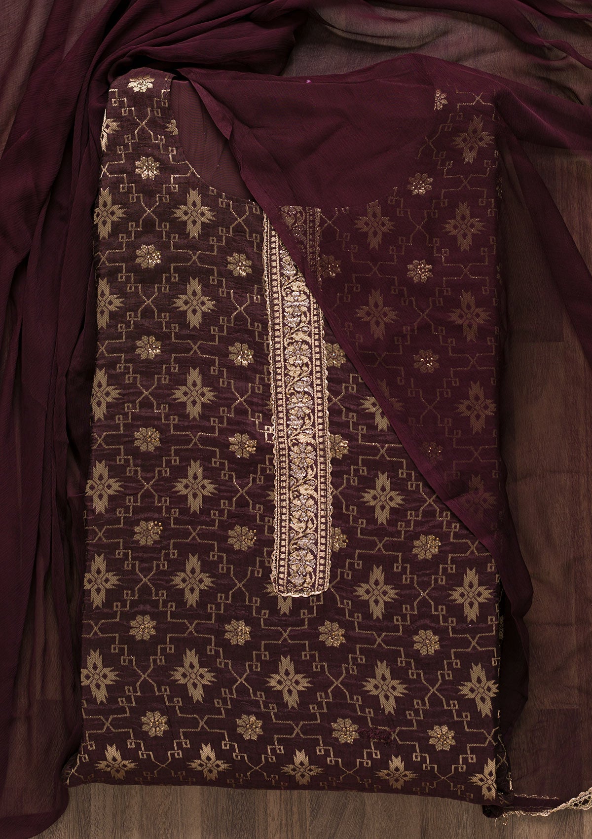 Wine Zariwork Raw Silk Unstitched Salwar Suit-Koskii