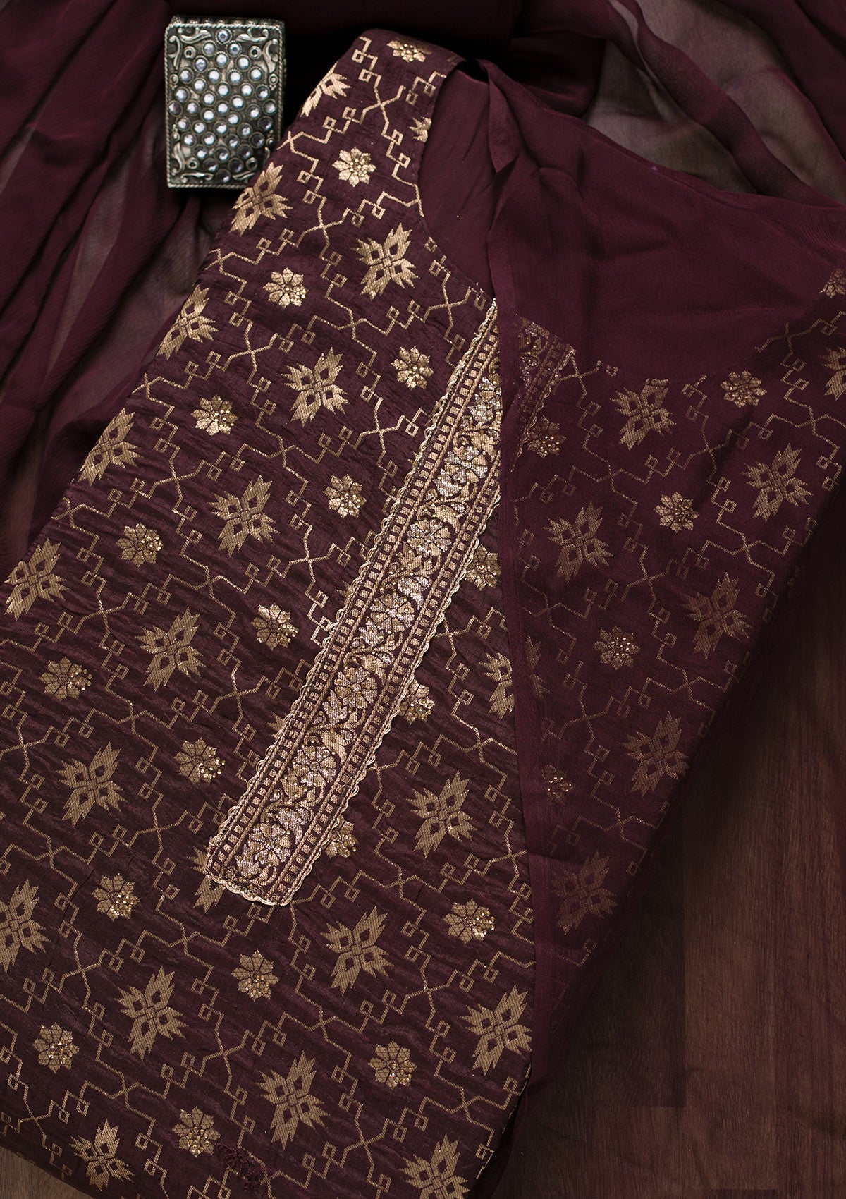 Wine Zariwork Raw Silk Unstitched Salwar Suit-Koskii