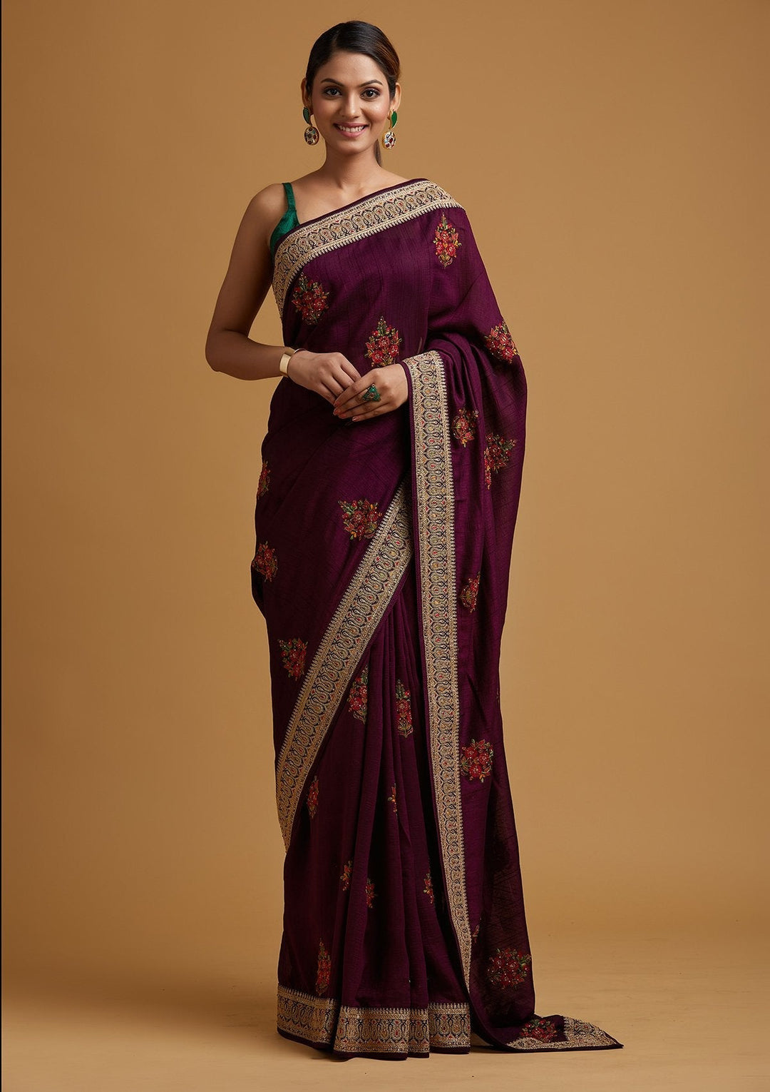 Wine Zariwork Raw Silk Designer Saree - koskii