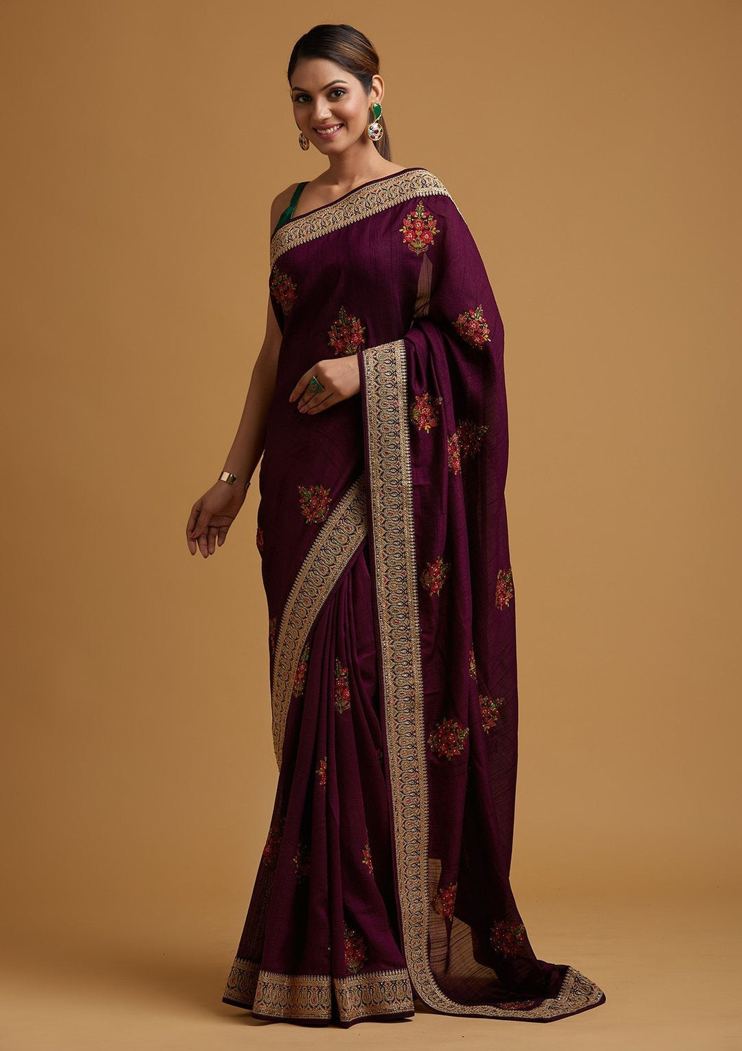 Wine Zariwork Raw Silk Designer Saree - koskii