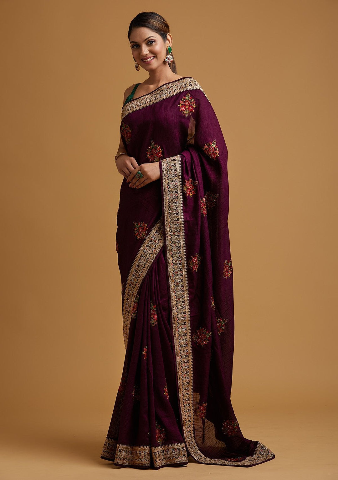 Wine Zariwork Raw Silk Designer Saree - koskii