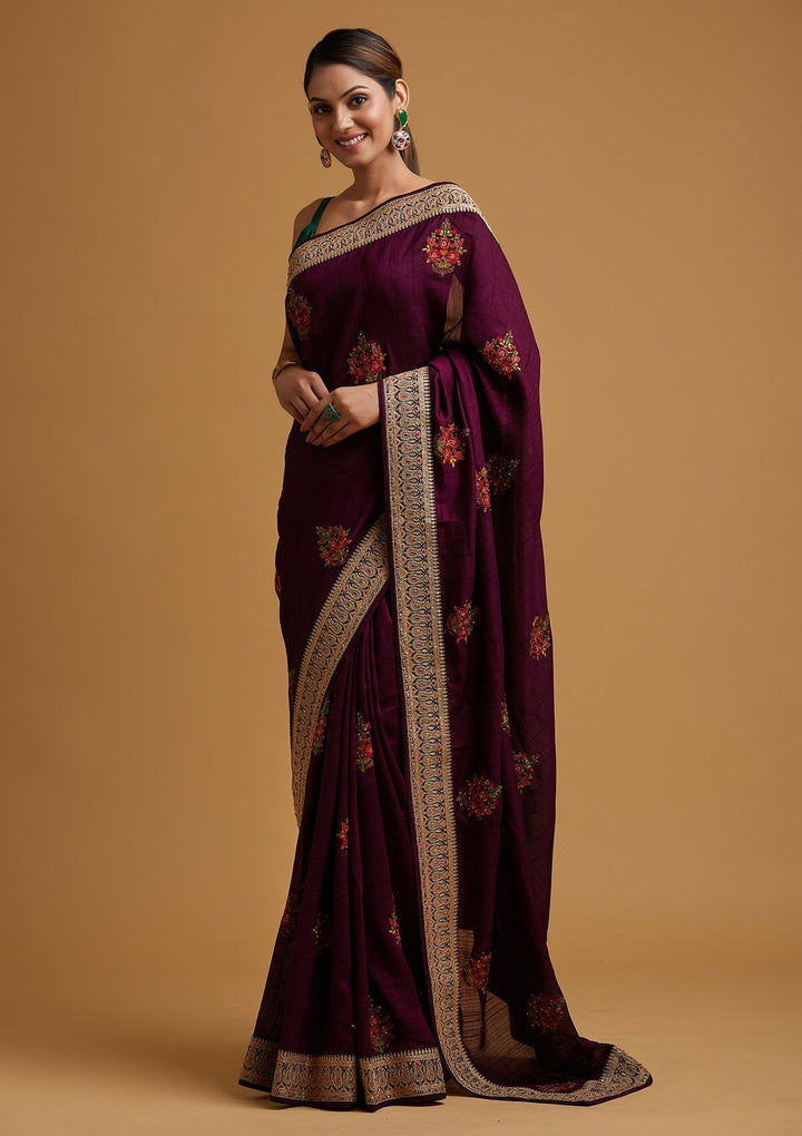 Wine Zariwork Raw Silk Designer Saree - koskii