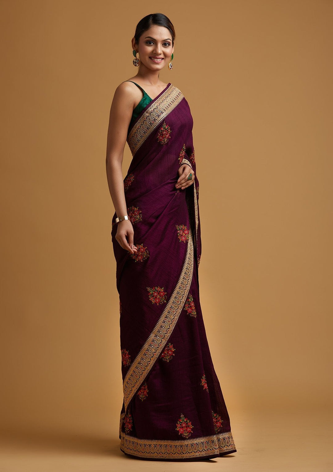Wine Zariwork Raw Silk Designer Saree - koskii