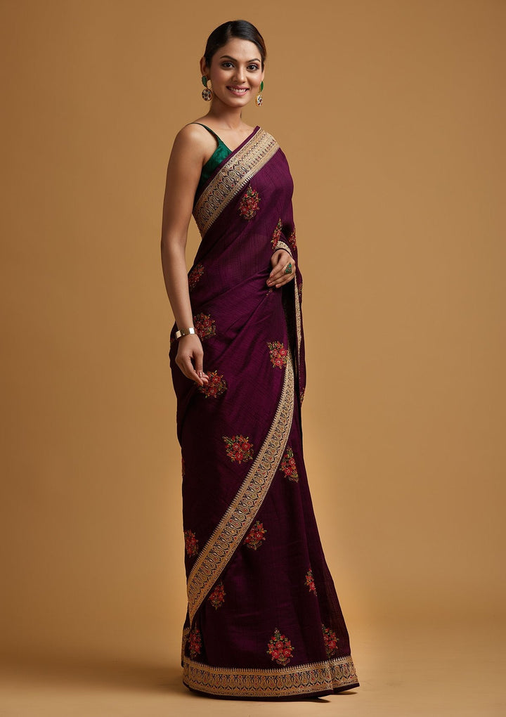 Wine Zariwork Raw Silk Designer Saree - koskii