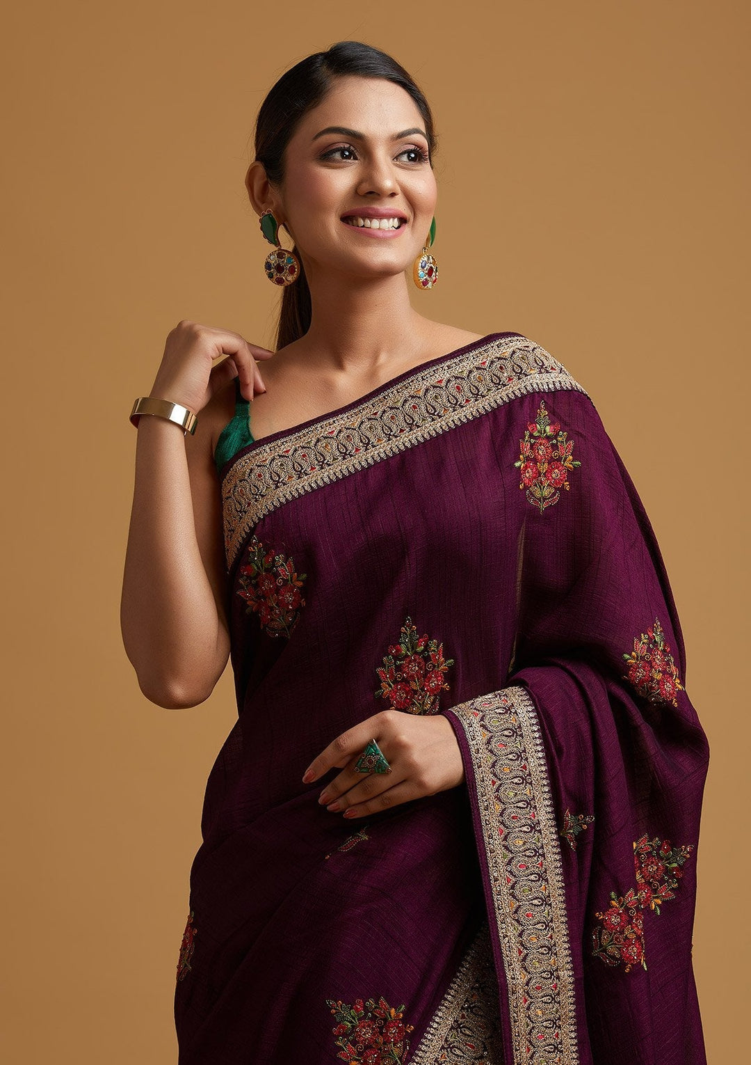 Wine Zariwork Raw Silk Designer Saree - koskii