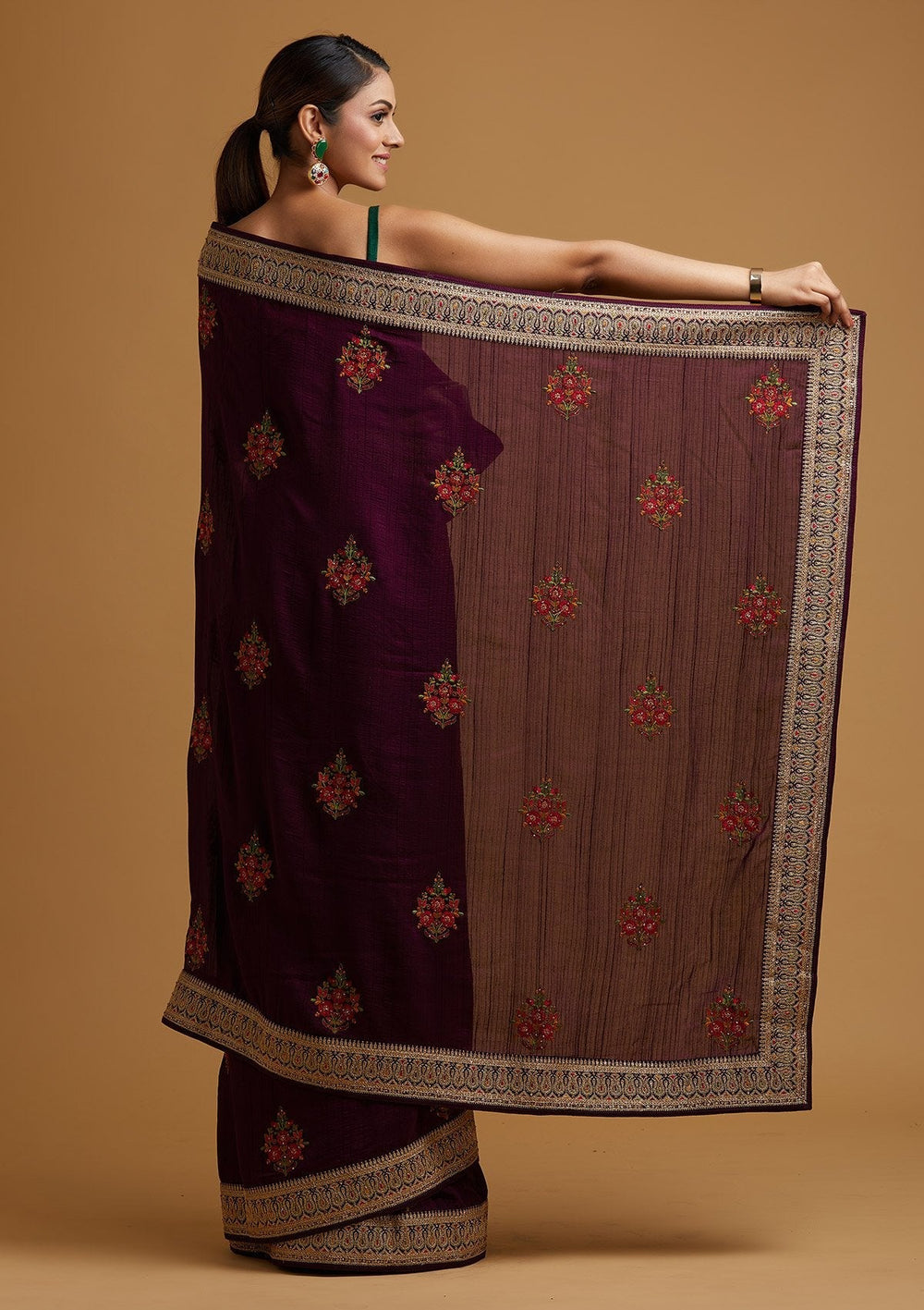 Wine Zariwork Raw Silk Designer Saree - koskii