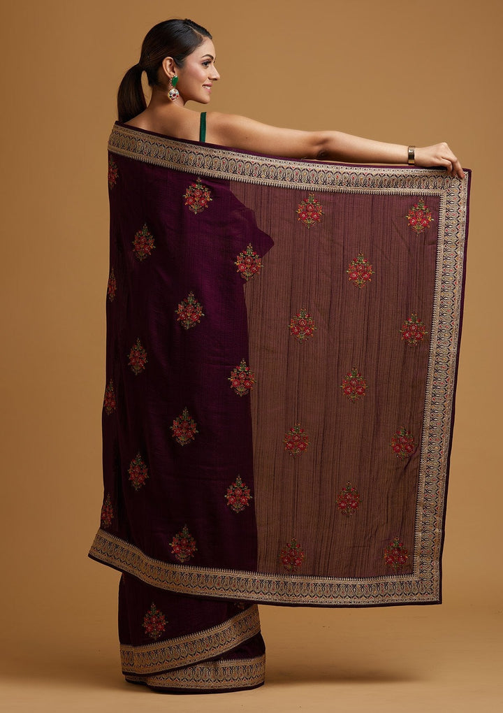 Wine Zariwork Raw Silk Designer Saree - koskii