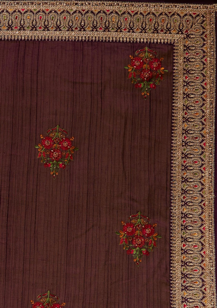 Wine Zariwork Raw Silk Designer Saree - koskii