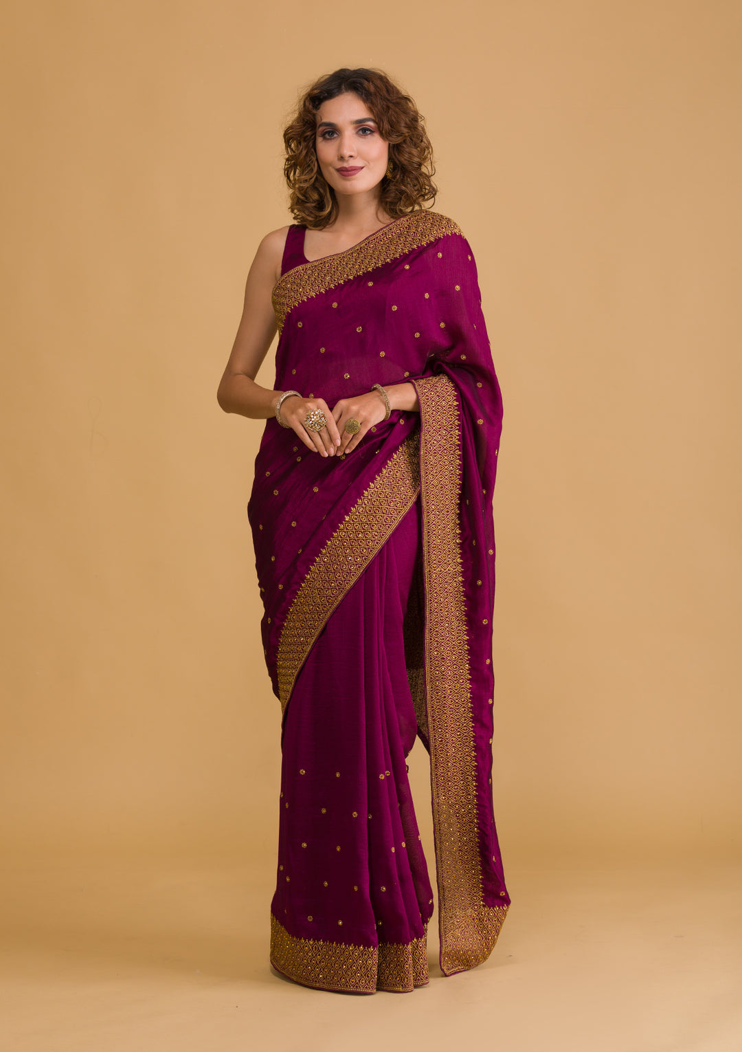 Wine Zariwork Semi Crepe Designer Saree-Koskii