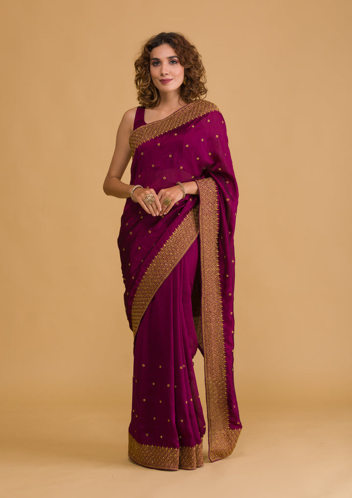 Wine Zariwork Semi Crepe Designer Saree-Koskii