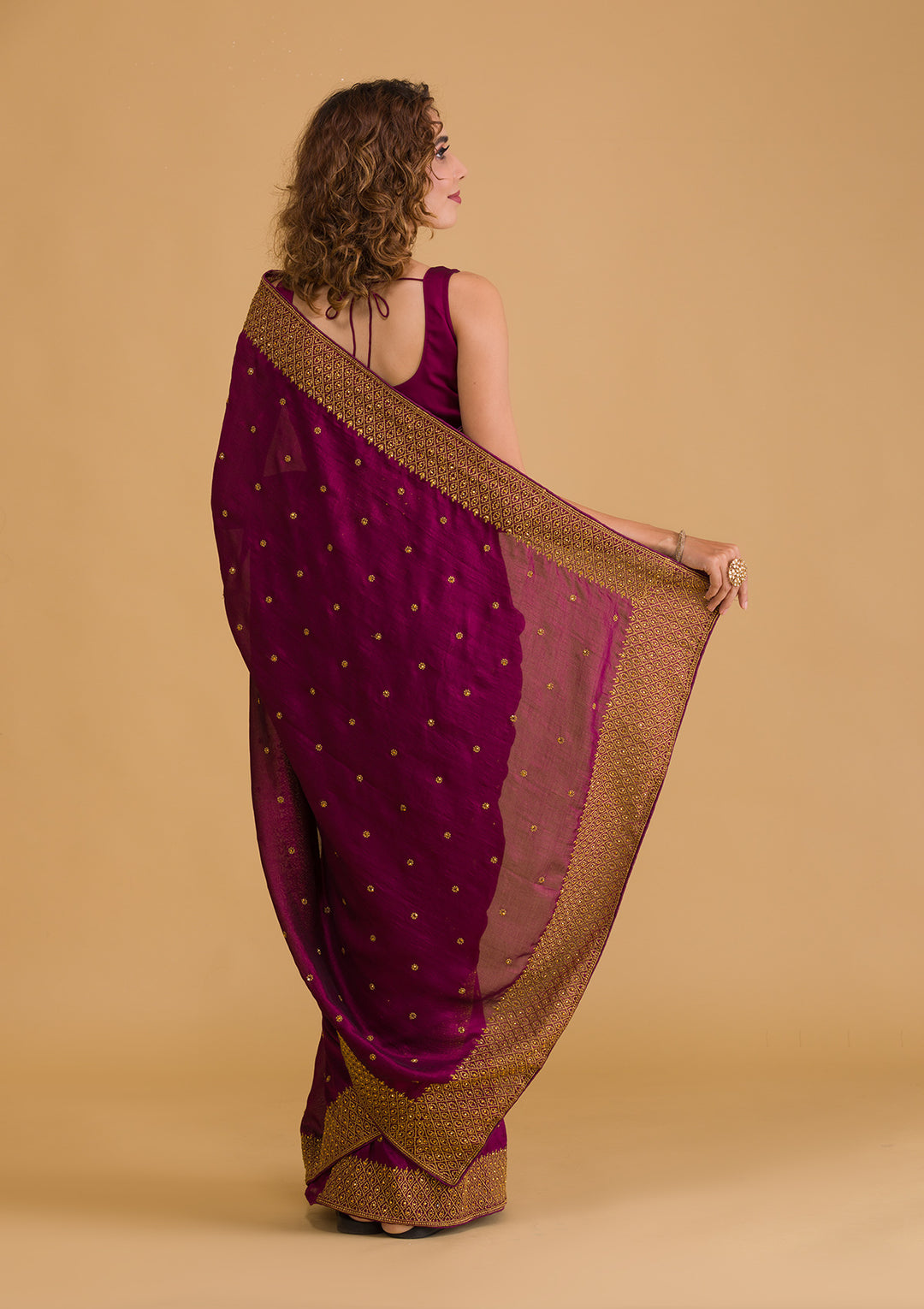 Wine Zariwork Semi Crepe Designer Saree-Koskii