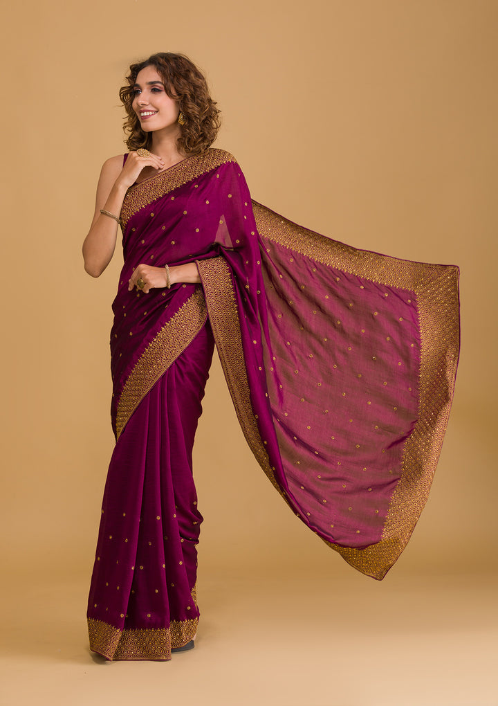 Wine Zariwork Semi Crepe Designer Saree-Koskii