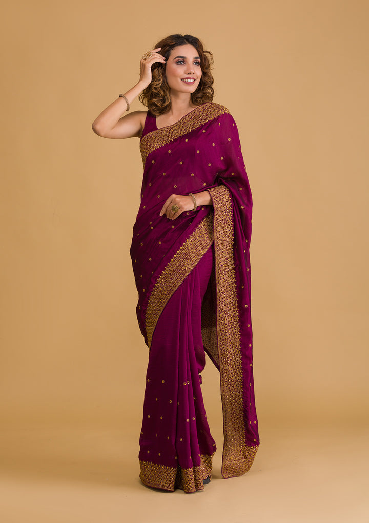 Wine Zariwork Semi Crepe Designer Saree-Koskii